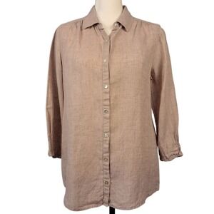 SIGRID‎ OLSEN S 100% Linen Button-Up Blouse Beige Latte 3/4 Sleeve Relaxed Fit